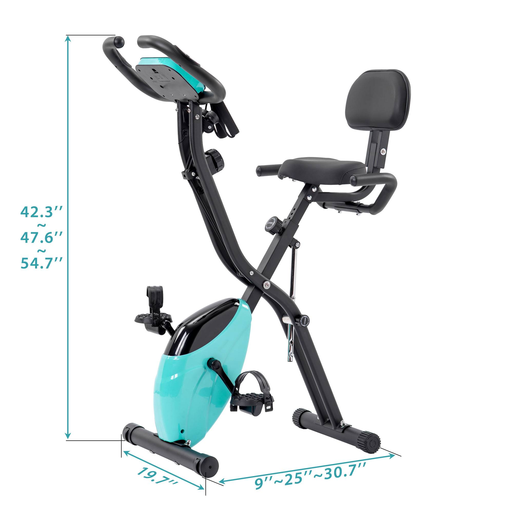 Foldable exercise bike with dimensions indicated on a white background