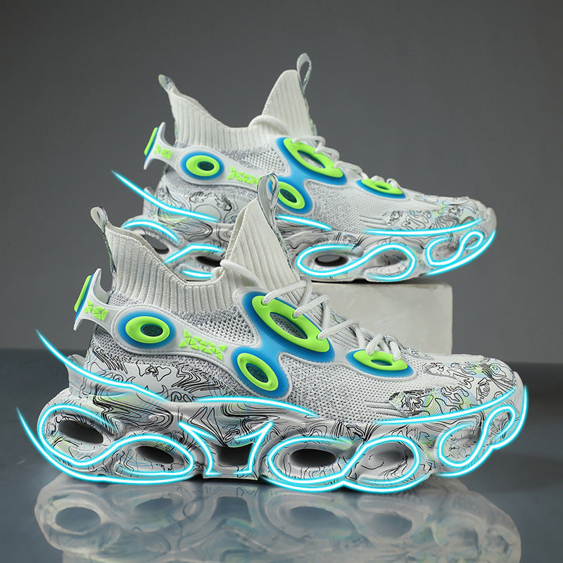 White sneakers with neon blue and green accents on a reflective surface.