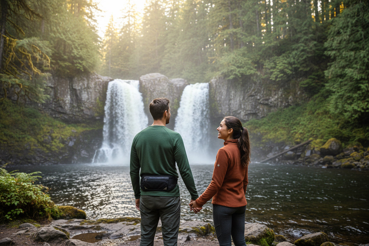 Two people at waterfall he’s wearing Black waist bag with zippers 