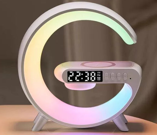 Moon-shaped LED lamp with digital clock on a brown background