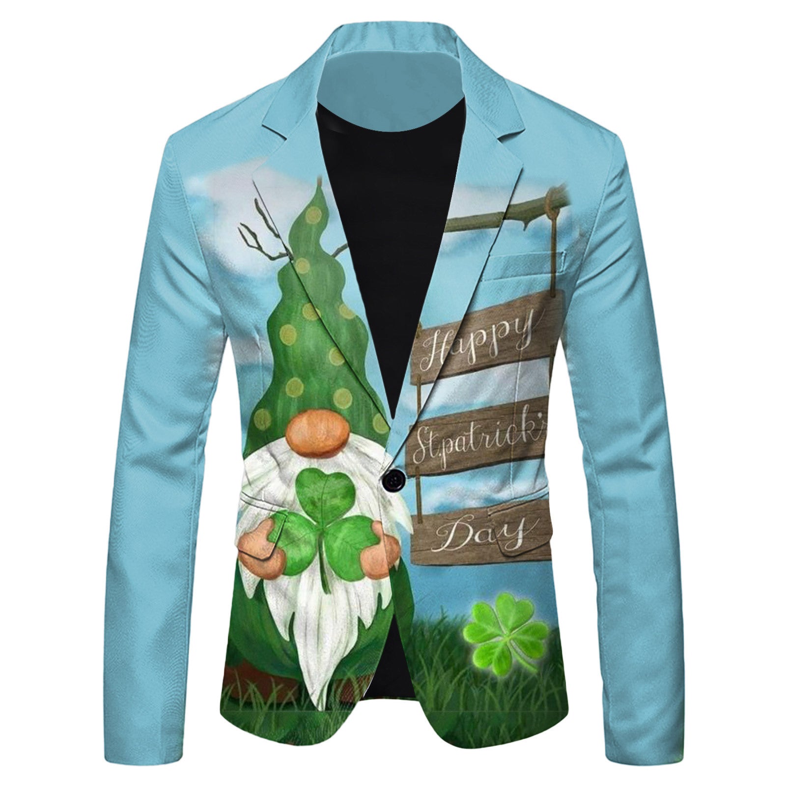 Light blue blazer with St. Patrick's Day gnome and shamrock design on a white background