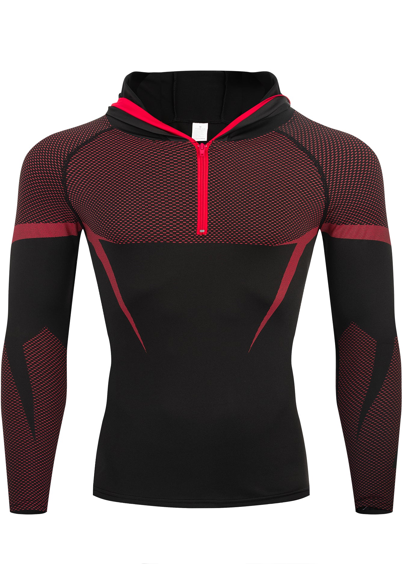 A men's long-sleeve athletic compression top with a half-zip hood, featuring a black and dark red mesh patterned design.