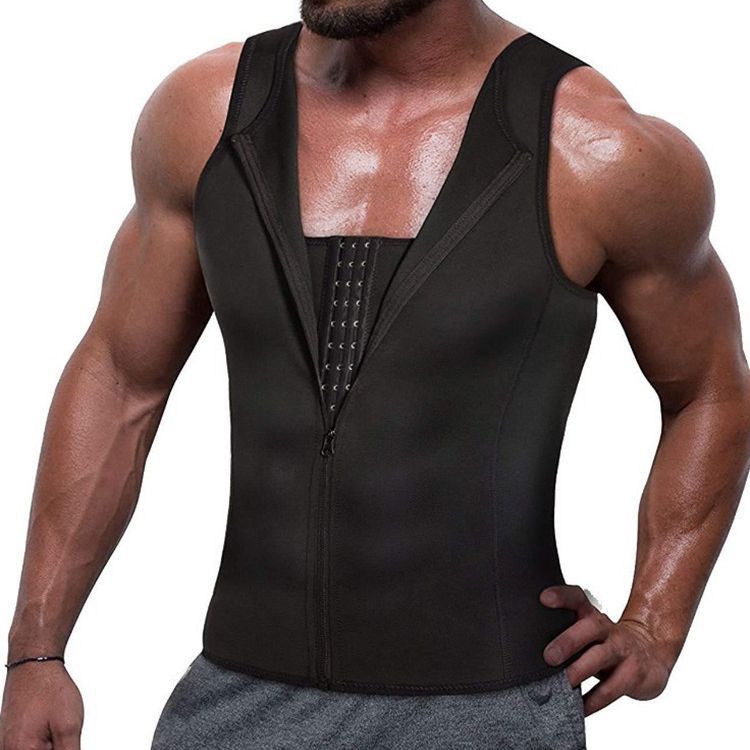 Man wearing a black zip-up vest on a white background