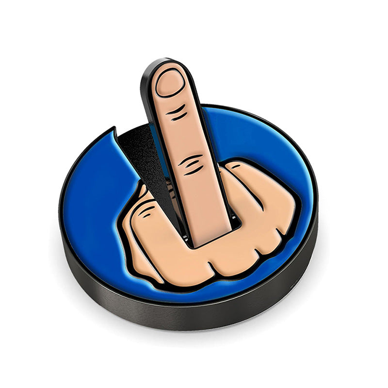 Button with a hand giving the middle finger on a white background