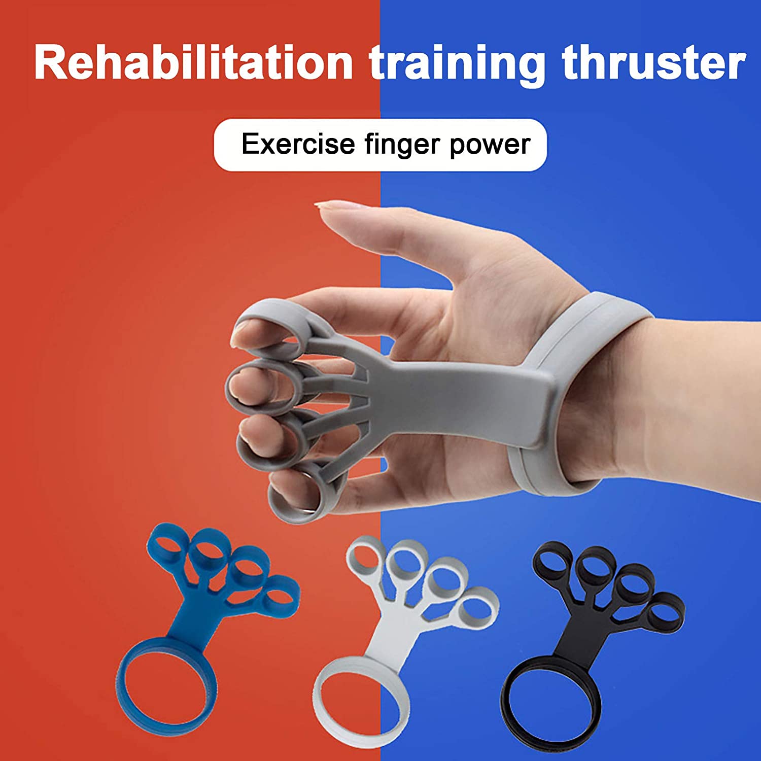 Hand exerciser with text 'Rehabilitation training thruster' and 'Exercise finger power' on a divided red and blue background.