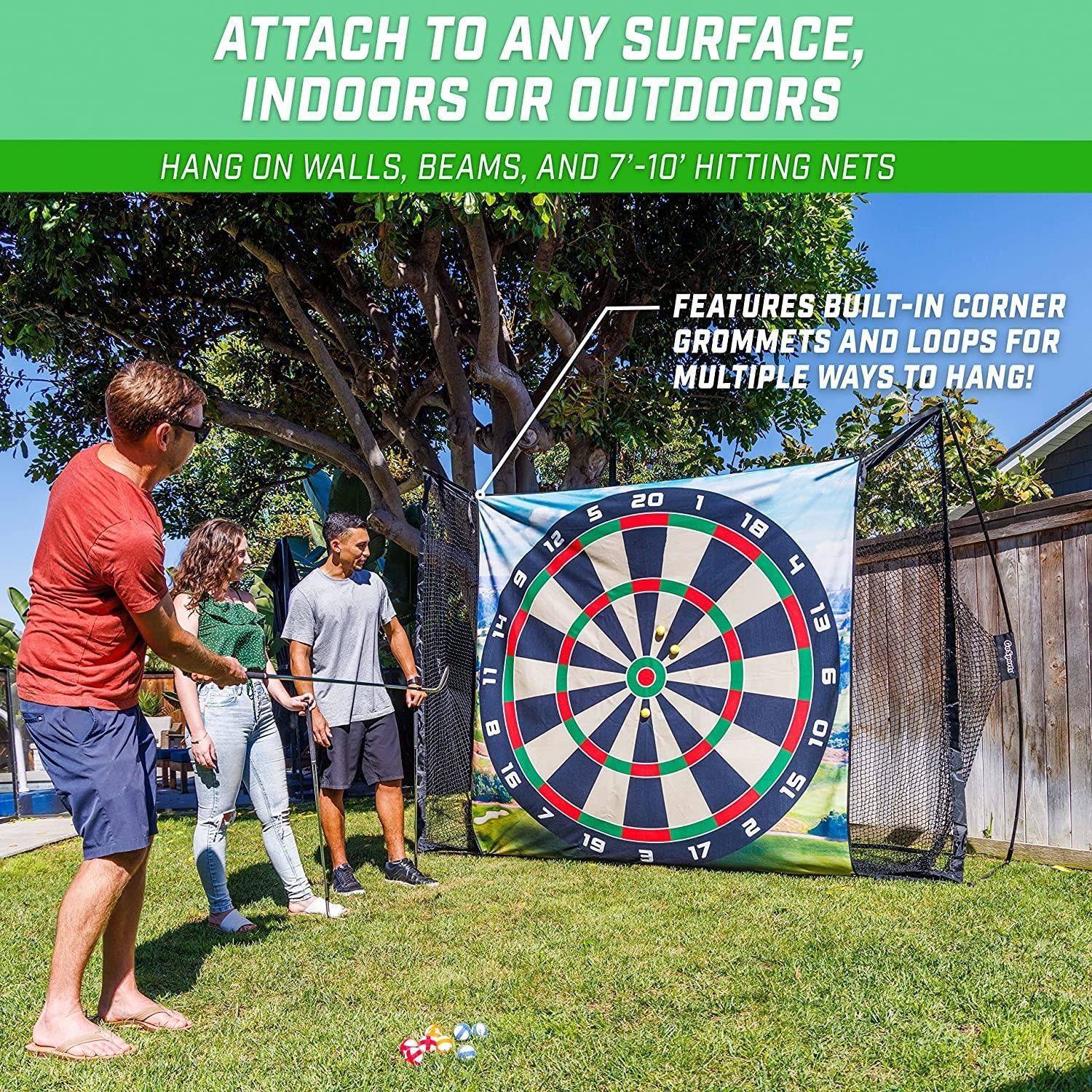 Dartboard with hanging net system in a backyard setting