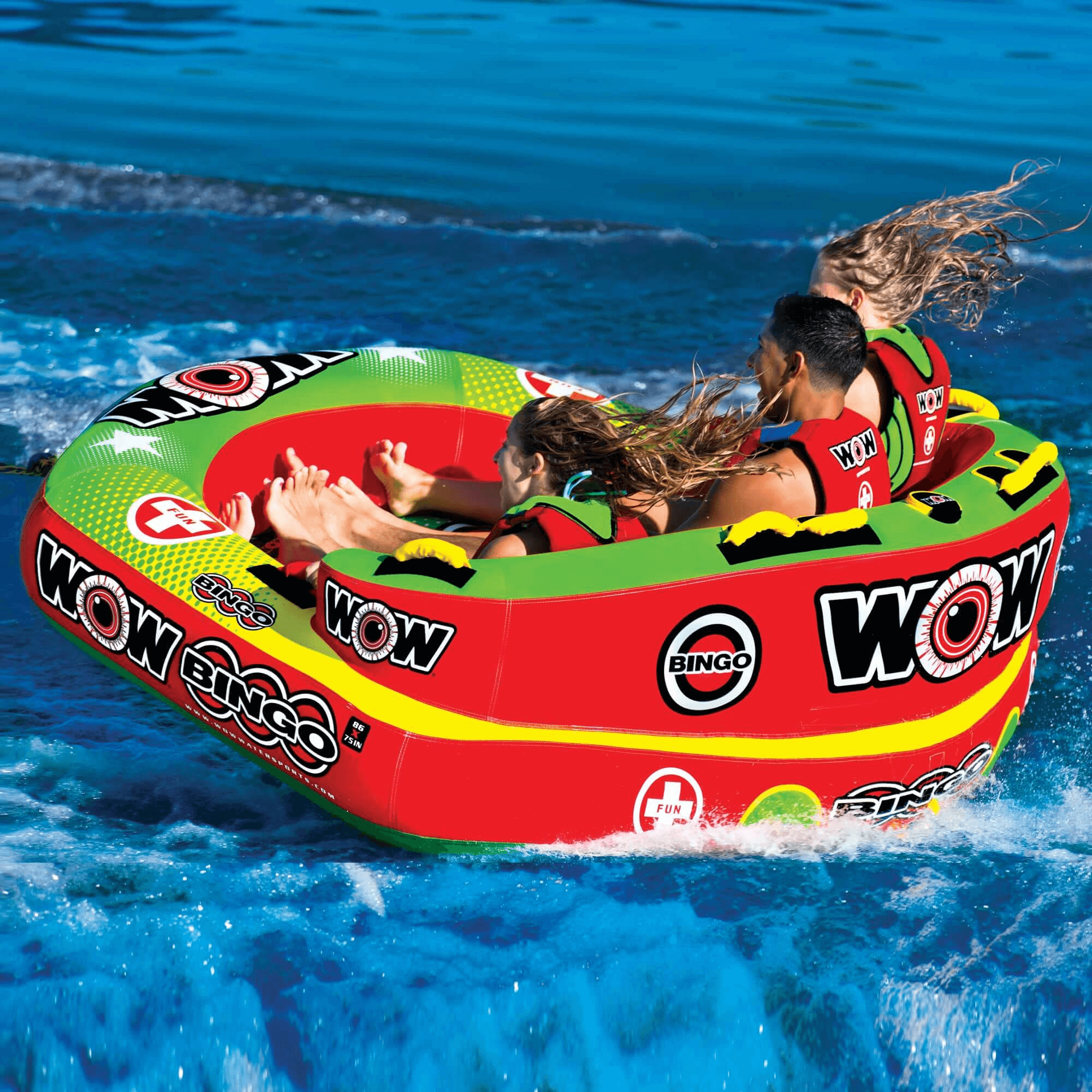 Inflatable tube with 'WOW' branding being used in the water