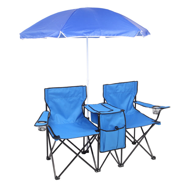 Two blue folding chairs with a matching umbrella on a white background