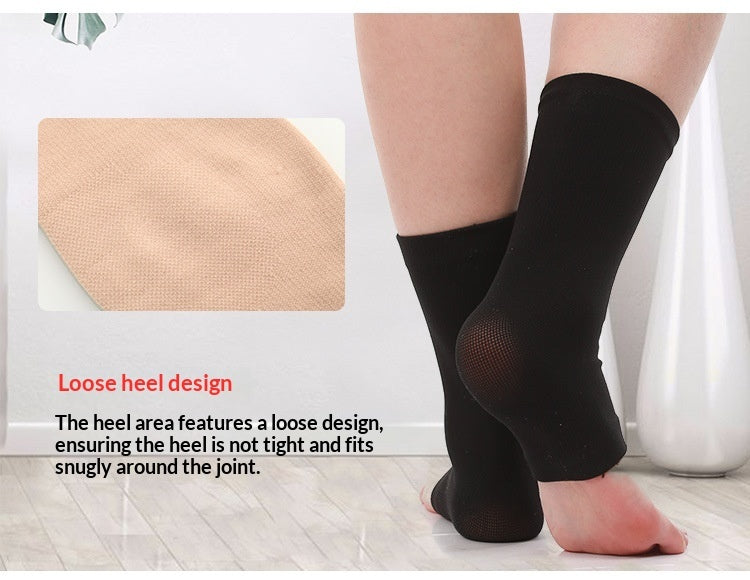 Black ankle support sleeves worn on both legs, with a beige fabric texture inset and descriptive text highlighting the loose heel design.
