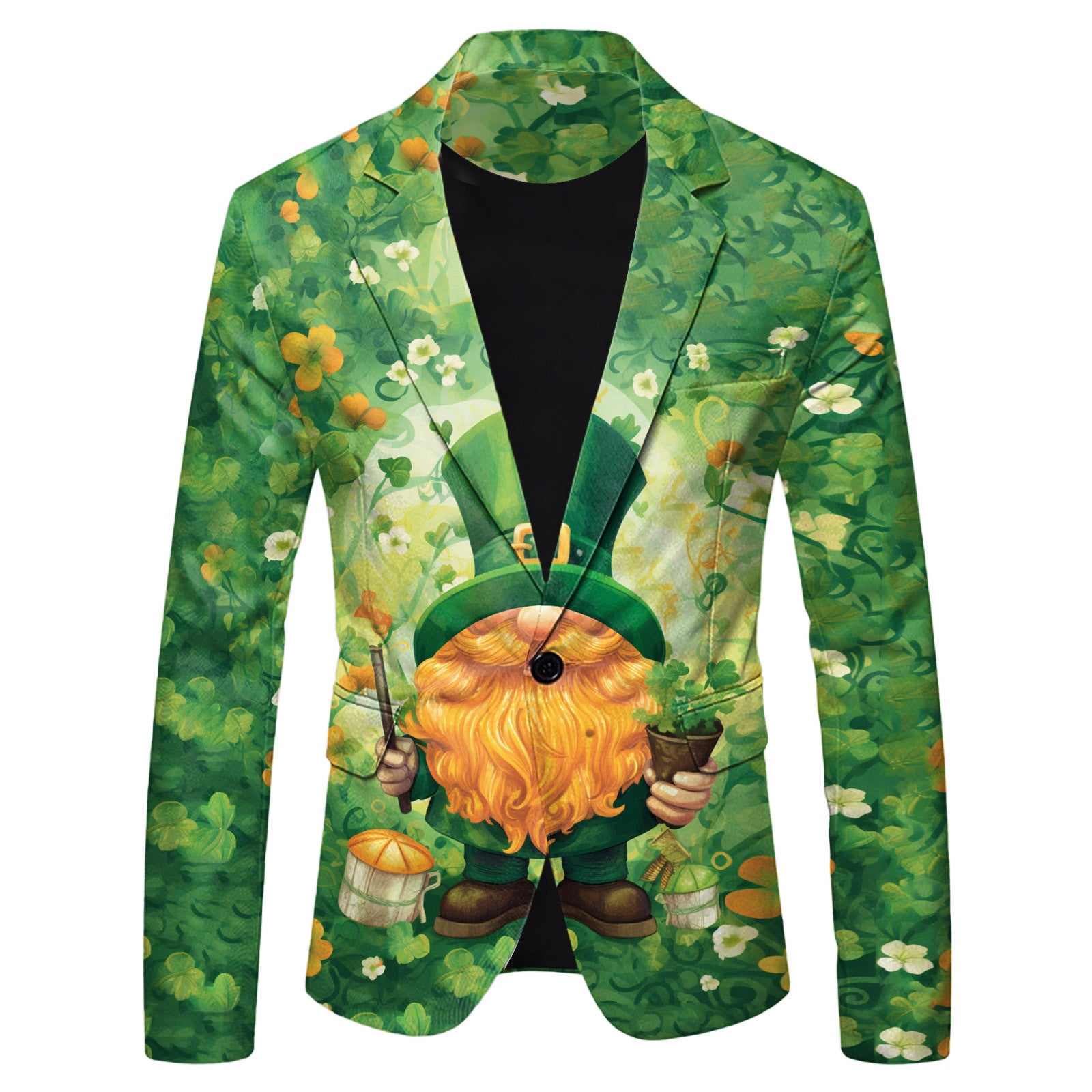 Green blazer with gnome design on a white background