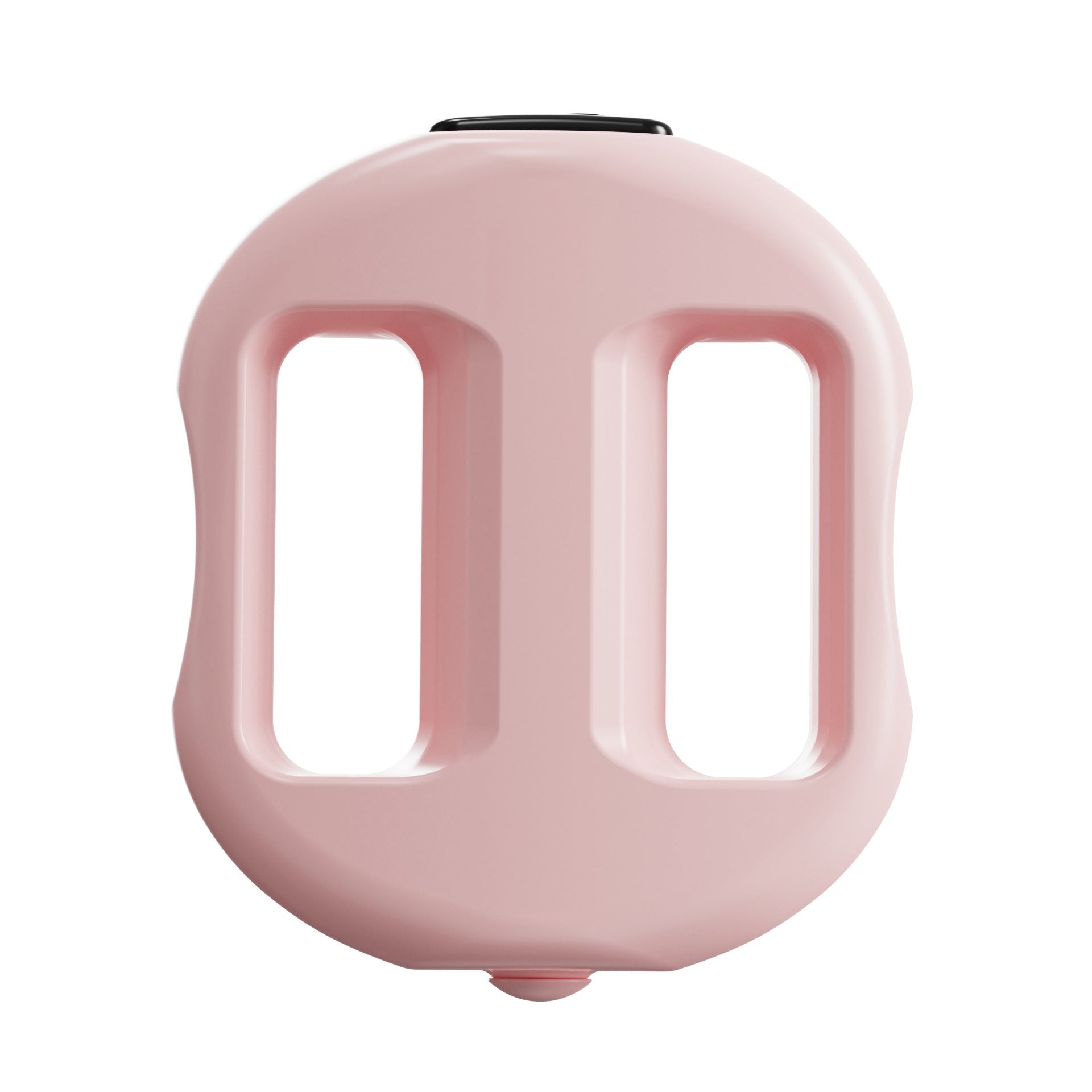 A light pink plastic accessory with two vertical handle-like cutouts and a small black tab at the top, shown on a plain white background.