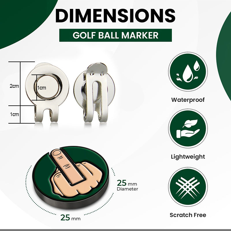 Golf ball marker with dimensions and features on a green and white background