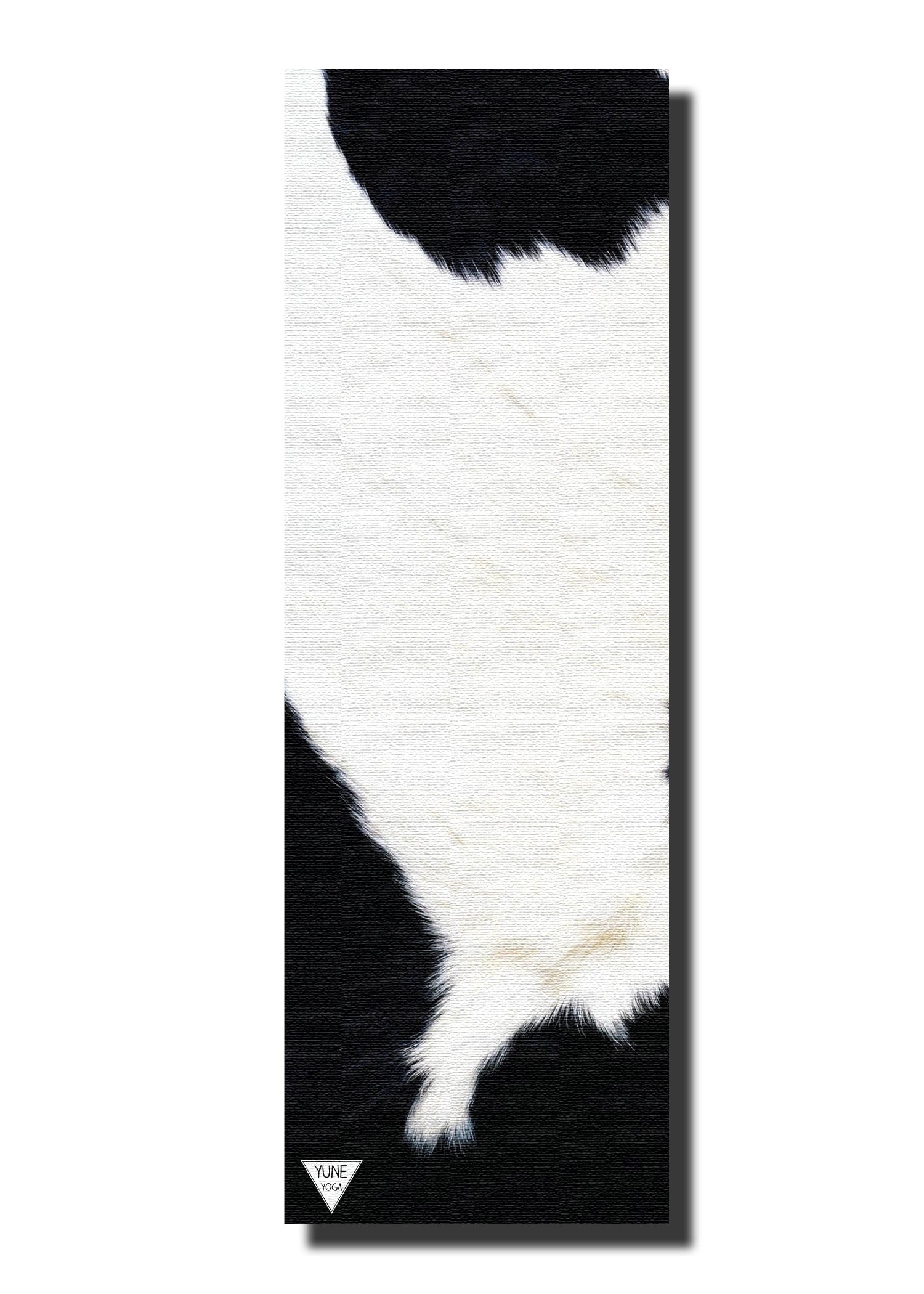 Black and white fur rug with a brand logo on a white background