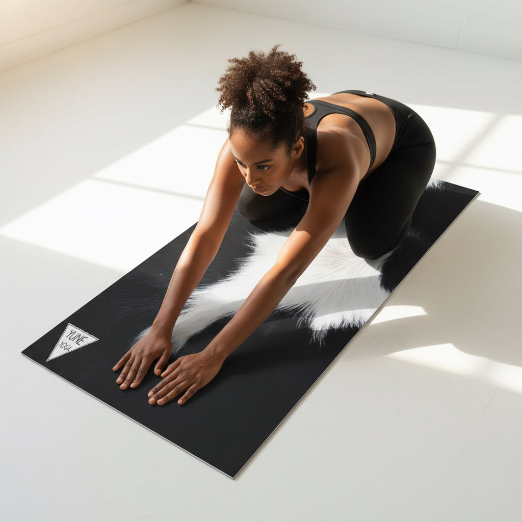 Woman stretching on Yoga mat with a black and white design and 'Yune Yoga' logo on a white background