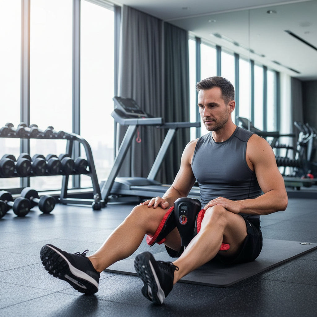 a man sitting on gym floor mat using Kegal trainer with red cushion and black housing 