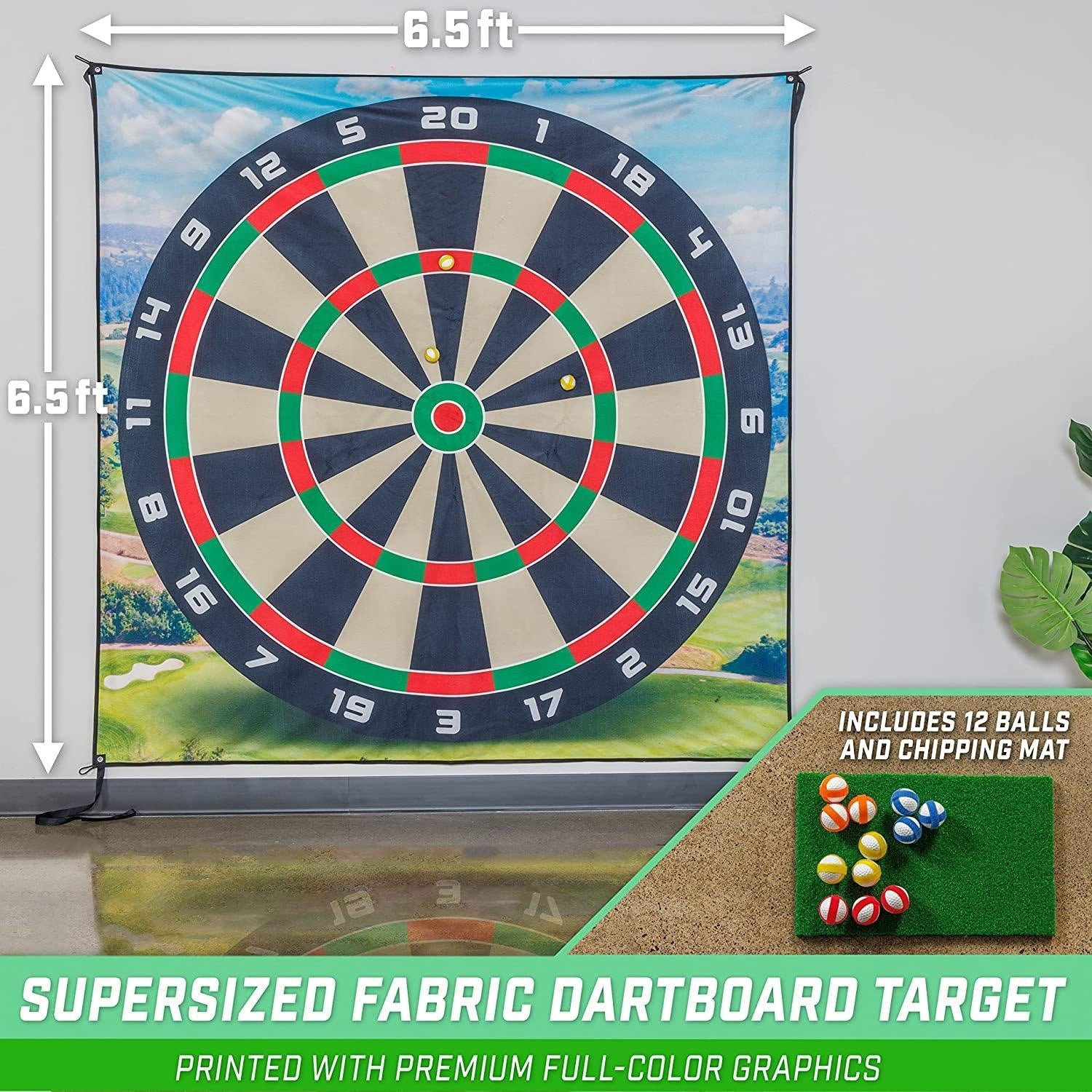 Supersized fabric dartboard target with dimensions and additional accessories displayed.