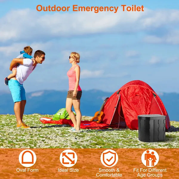 Family camping with a red tent and outdoor emergency toilet on a grassy field.