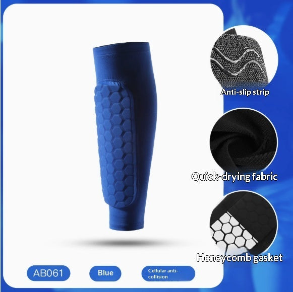 Blue athletic shin guard with a honeycomb texture, shown alongside three circular feature callouts labeled Anti-slip strip, Quick-drying fabric, and Honeycomb gasket on a blue and white graphic background.
