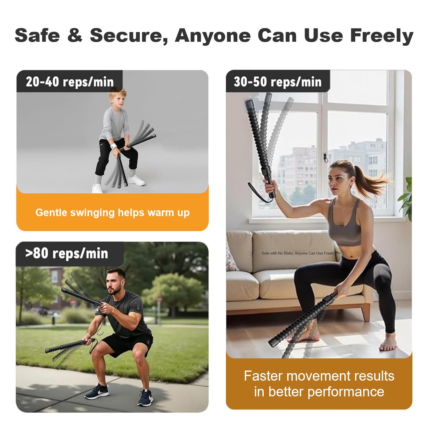Three scenarios showing people using a fitness tool with text indicating usage guidelines and benefits.