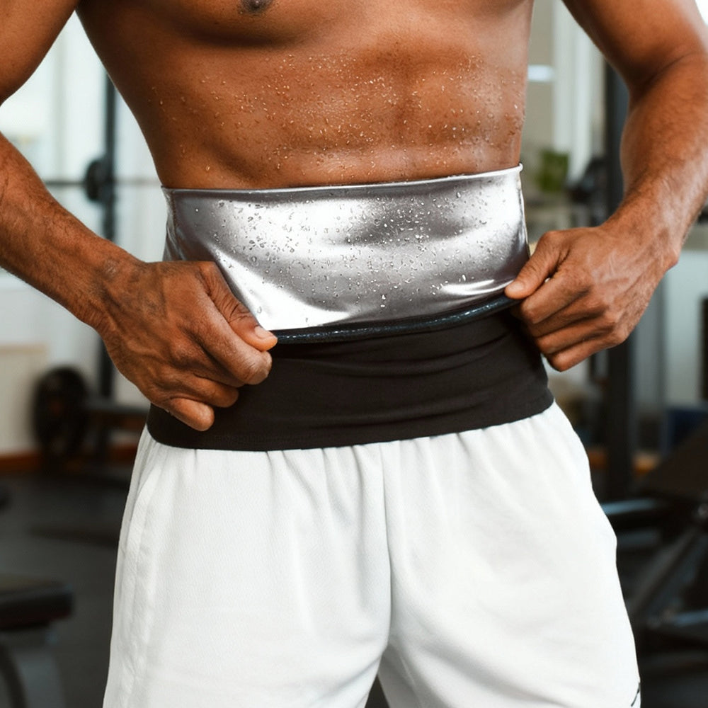A close-up of a man's waist in a gym, wearing a shiny silver athletic waist wrap over a black waistband, paired with white shorts.