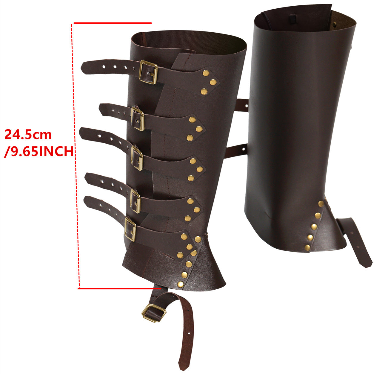 Brown leather leg guards with gold buckles and studs, showing measurement details on a white background.