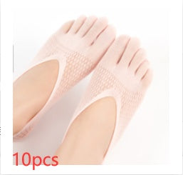 Set of 10 pairs of pink socks on a white background