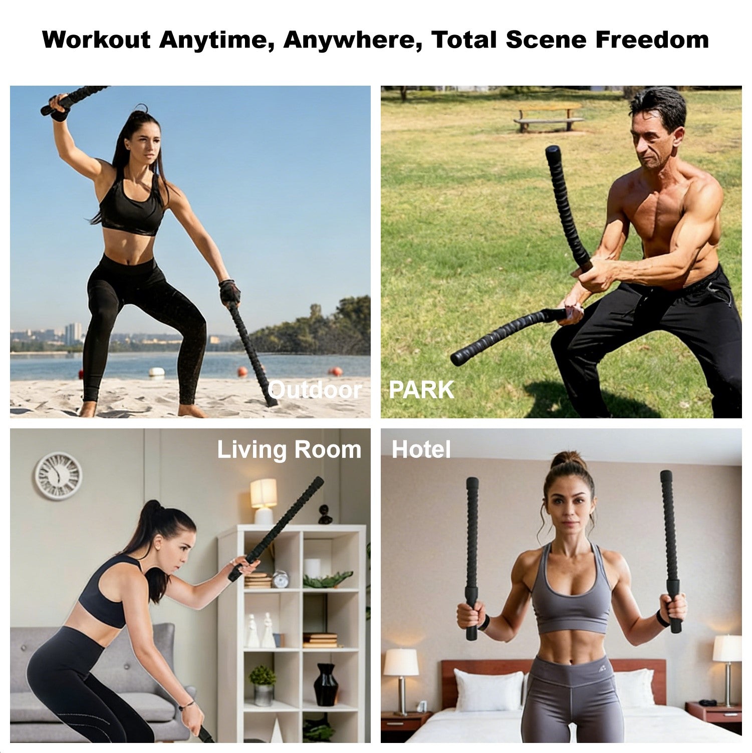 Collage of people using a workout tool in various settings including beach, park, living room, and hotel room.