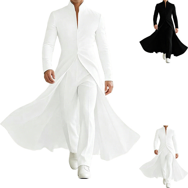 A long white formal dress with a high collar, long sleeves, wide legs, and a flowing skirt, shown on a model against a white background. Two smaller inset images at the right show the same dress in black and white respectively.