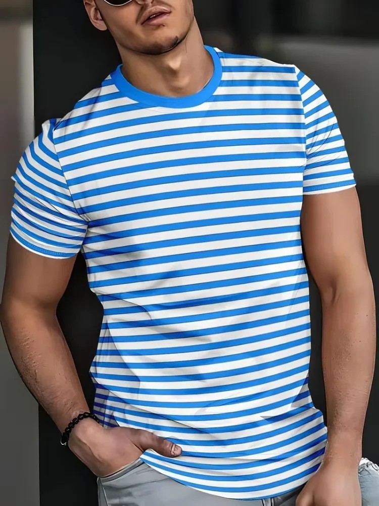 Classic Plaid & Stripe Printed Casual T-Shirt – Slim Fit Sports Tee