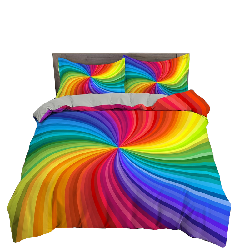 Colorful spiral patterned bedding set on a bed with a white background