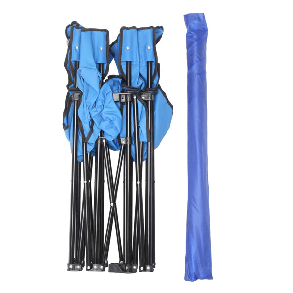 Blue folding chair with black legs and a matching blue cover on a white background