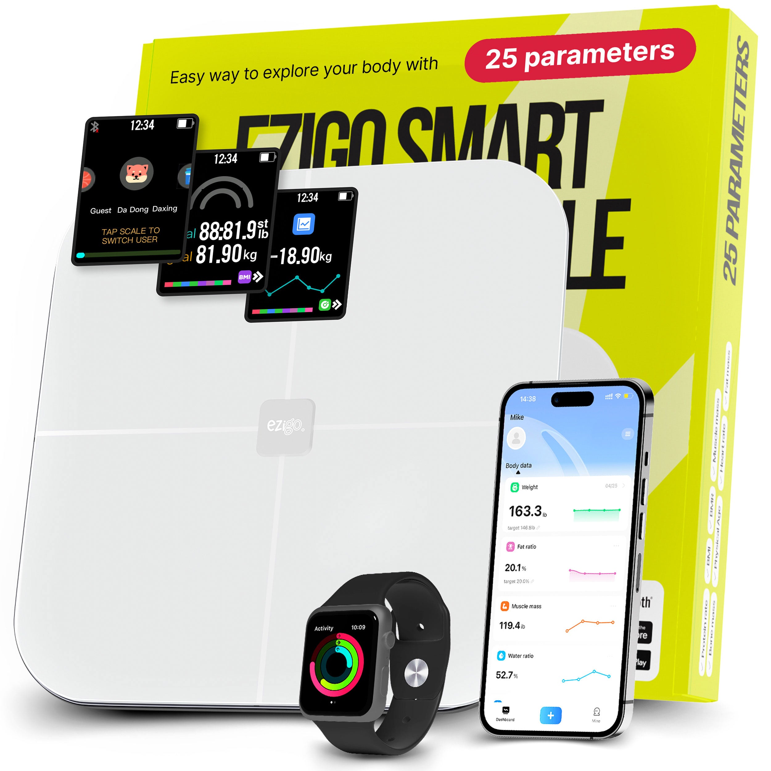 Ezigo smart scale with smartphone app and smartwatch displayed in front of its packaging.