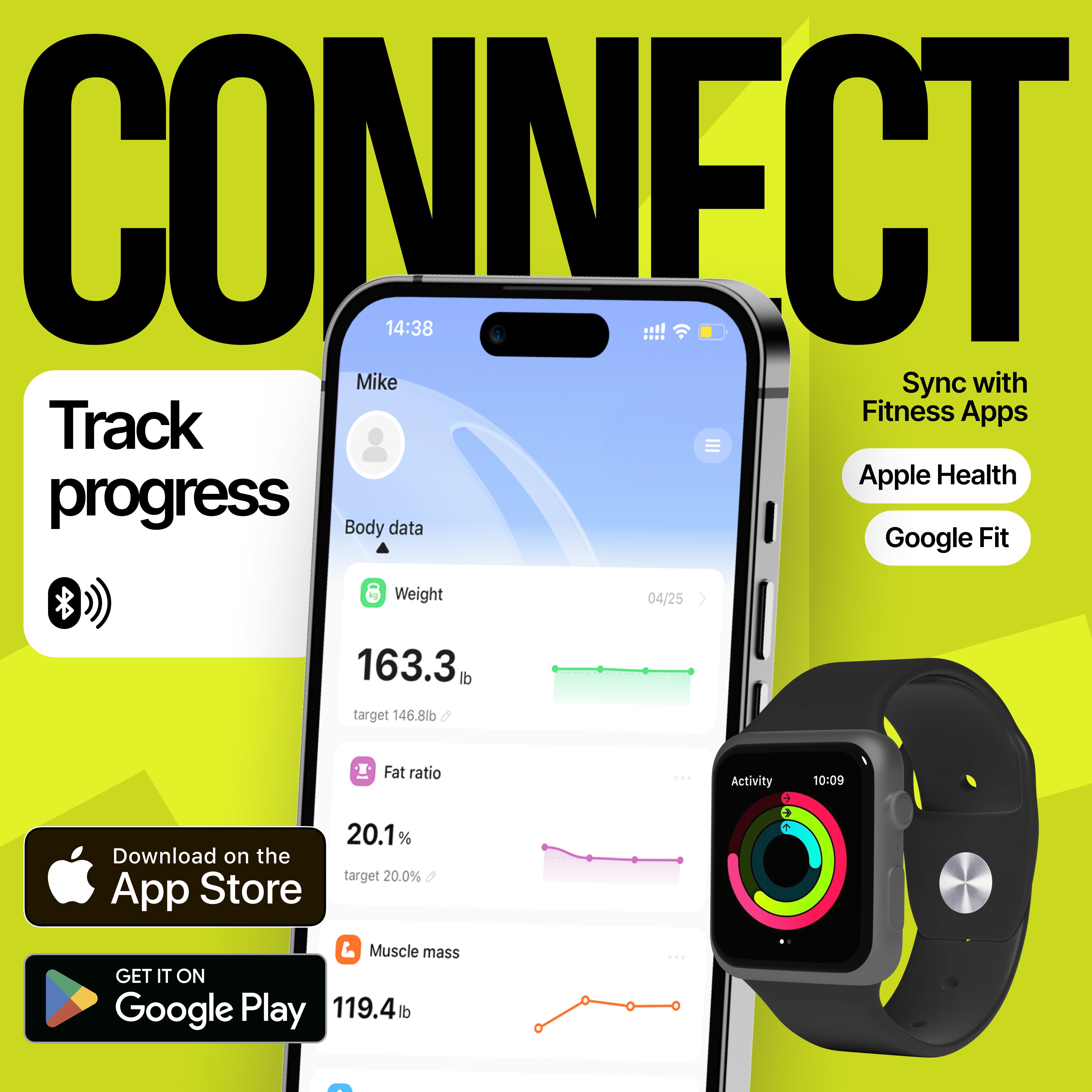 Smartphone and smartwatch with fitness app interface on a bright yellow background, featuring text about syncing with fitness apps.