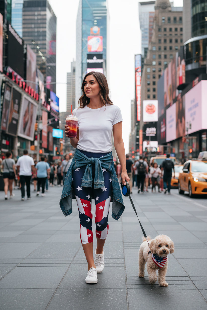 Person walking dog wearing Leggings with American flag design in times square
