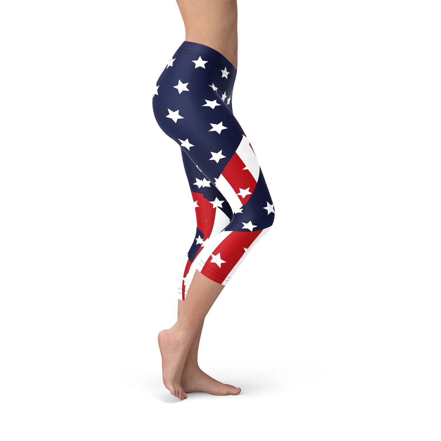 Capri leggings with American flag design on a white background