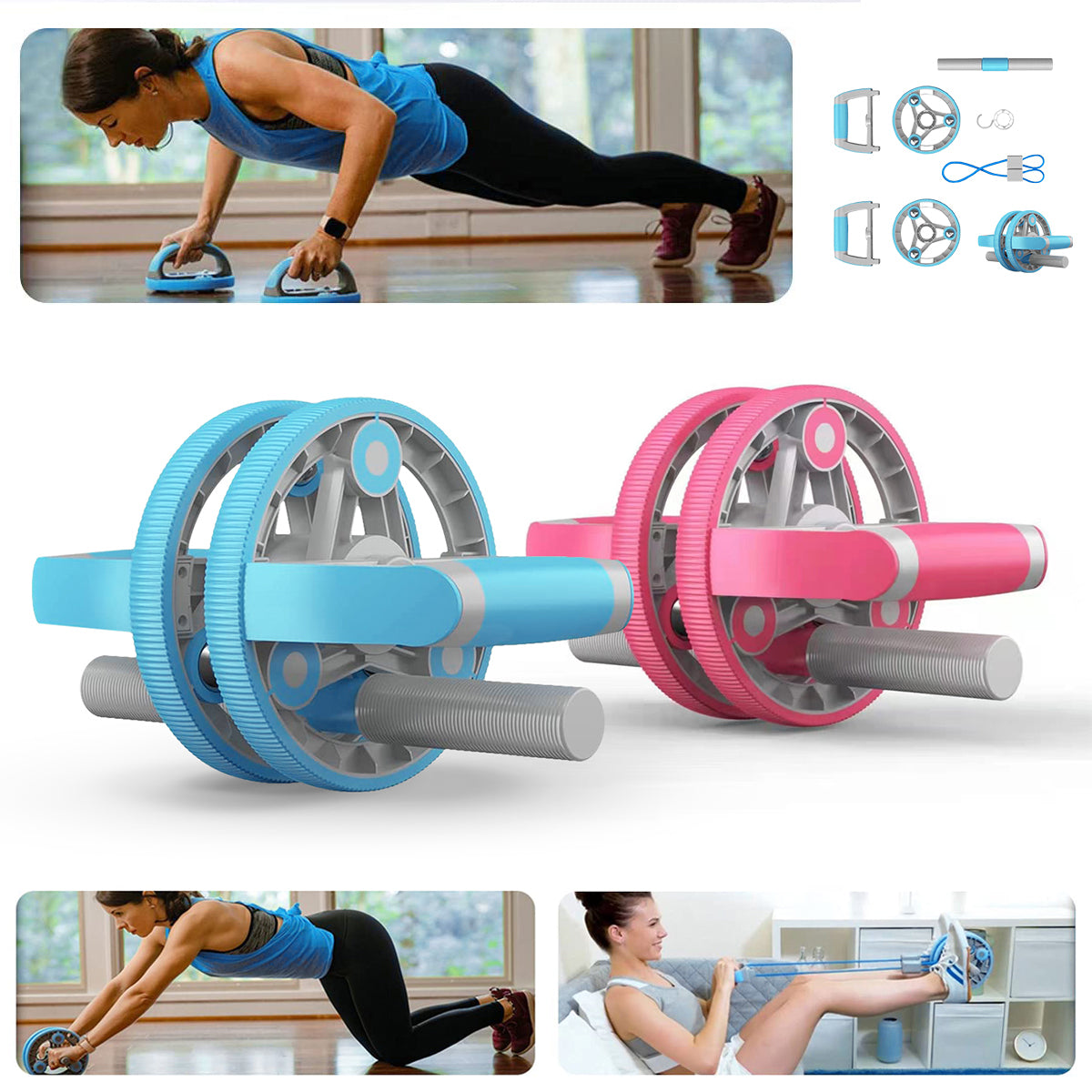 Two exercise wheels, one blue and one pink, with images of a woman using them for ab exercises.