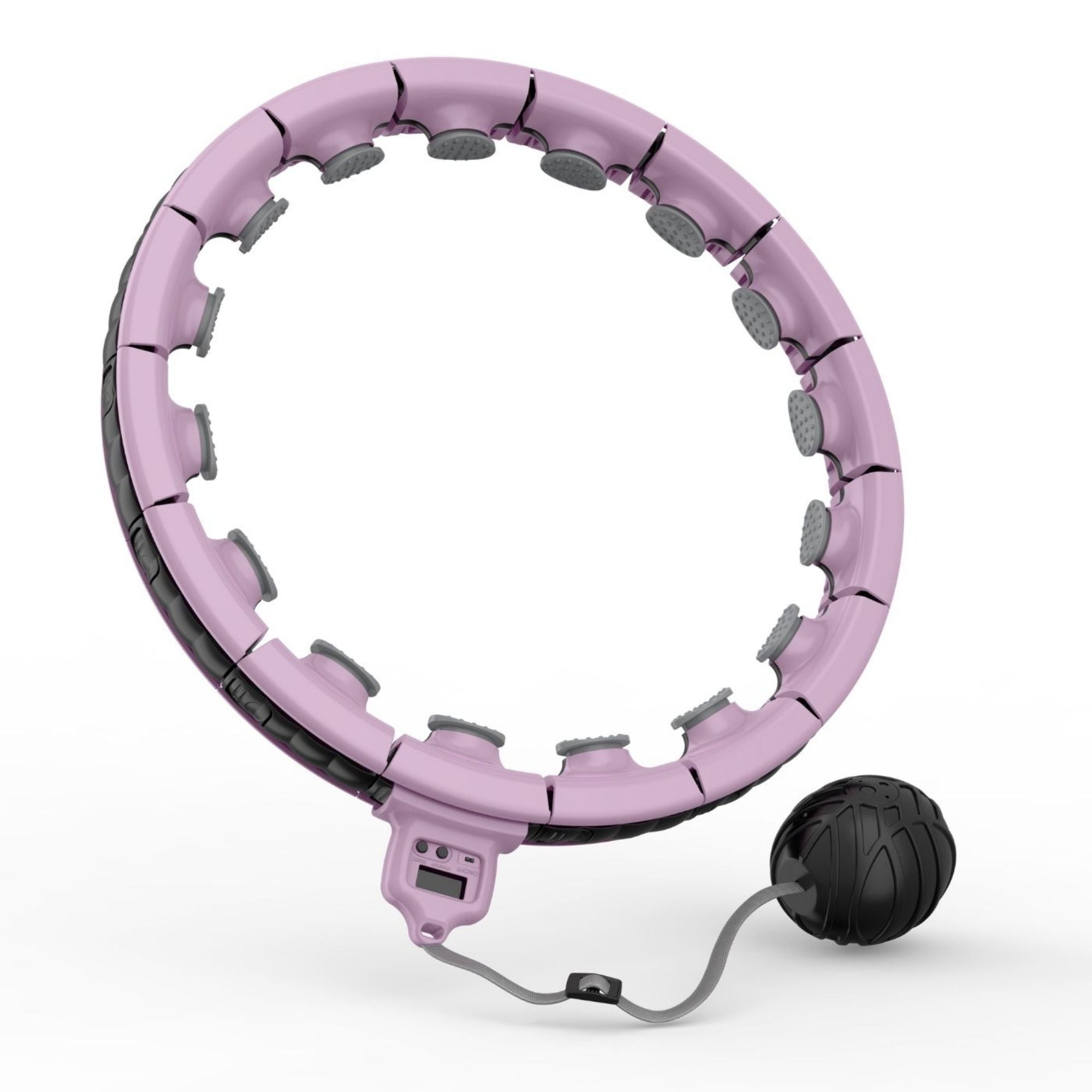 Pink hula hoop with a black ball attached on a white background