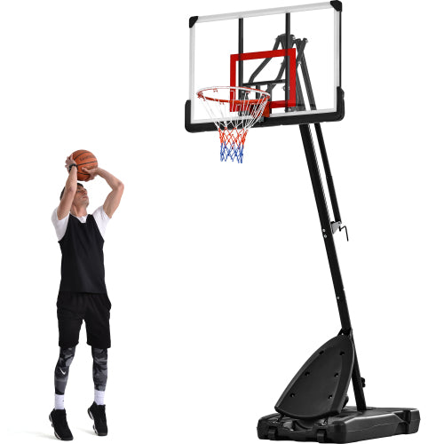 Basketball hoop with a player holding a basketball on a white background