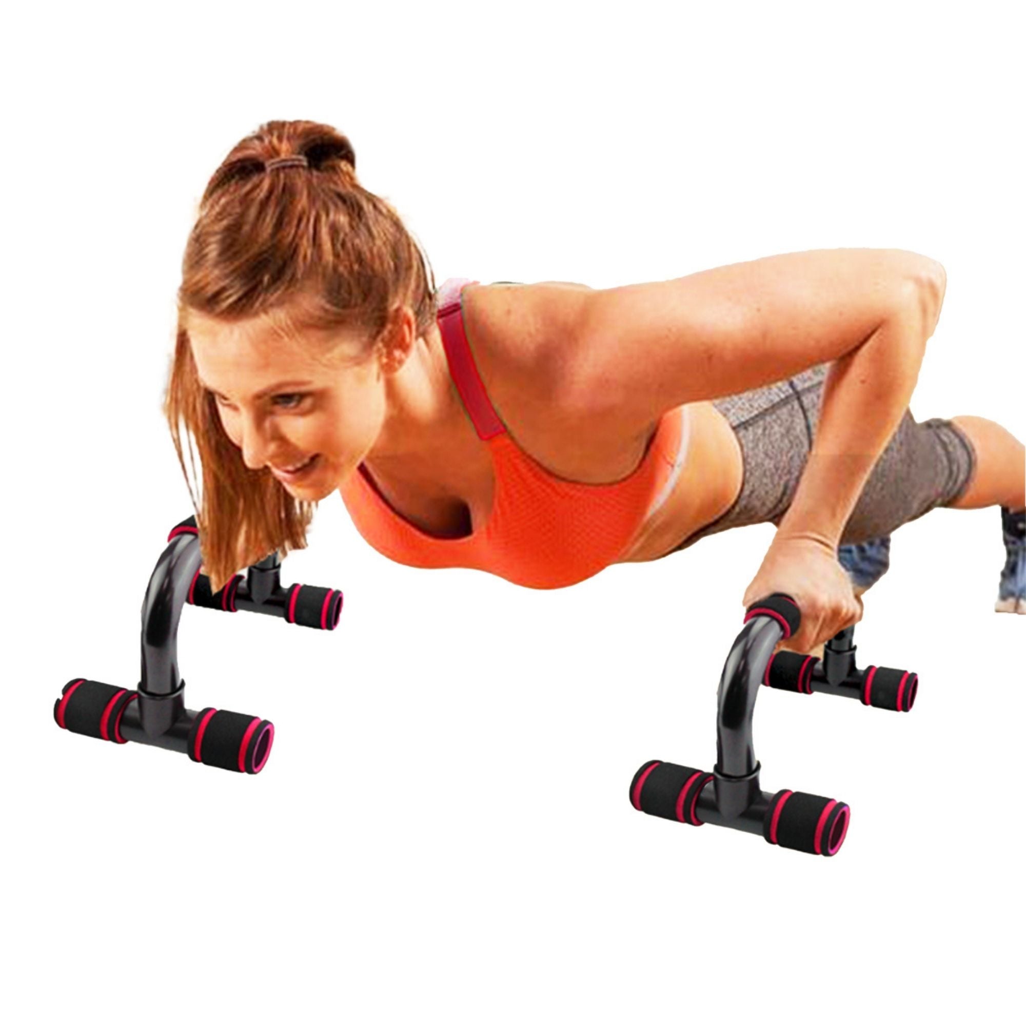 Woman exercising with a push-up stand on a white background