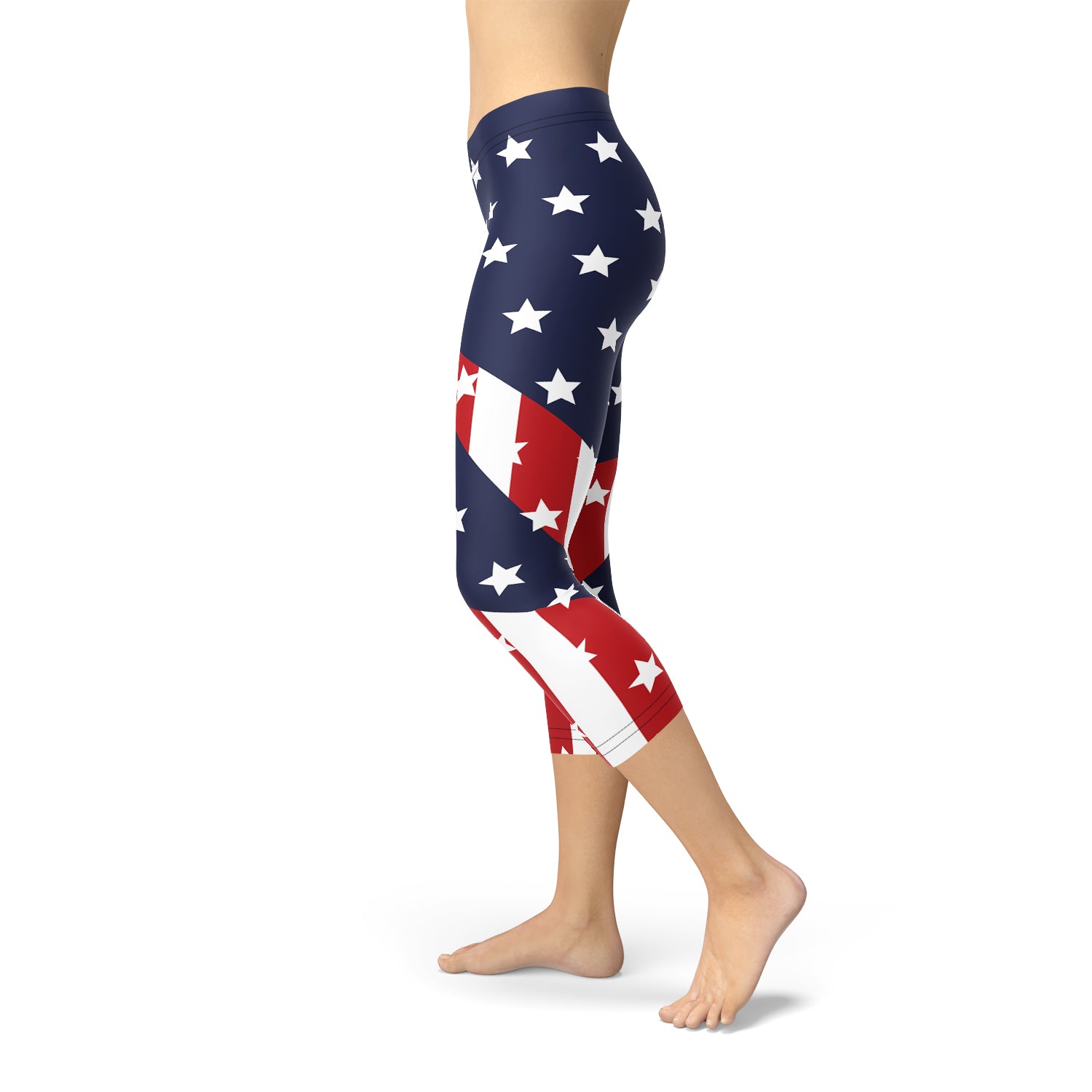 Capri leggings with American flag design on a white background