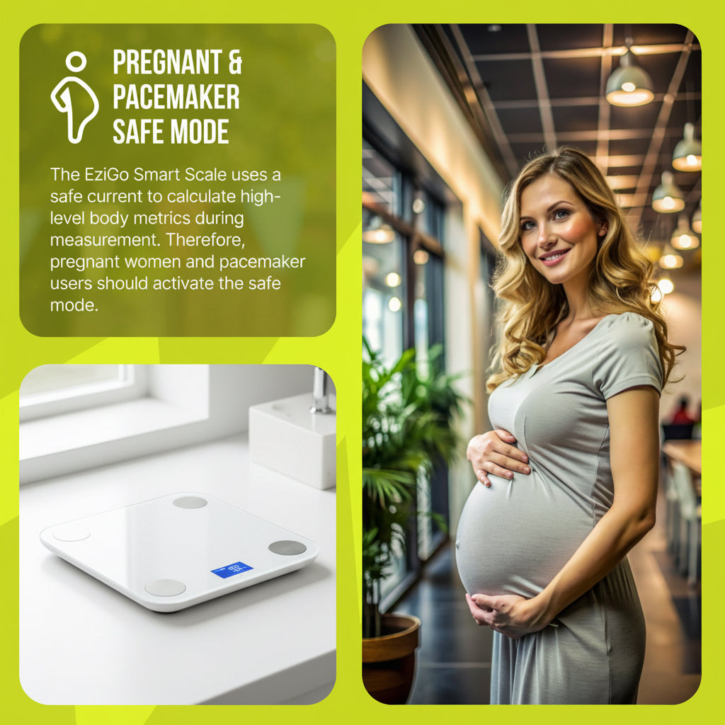Promotional graphic for EziGo Smart Scale with a pregnant woman and text about safe mode