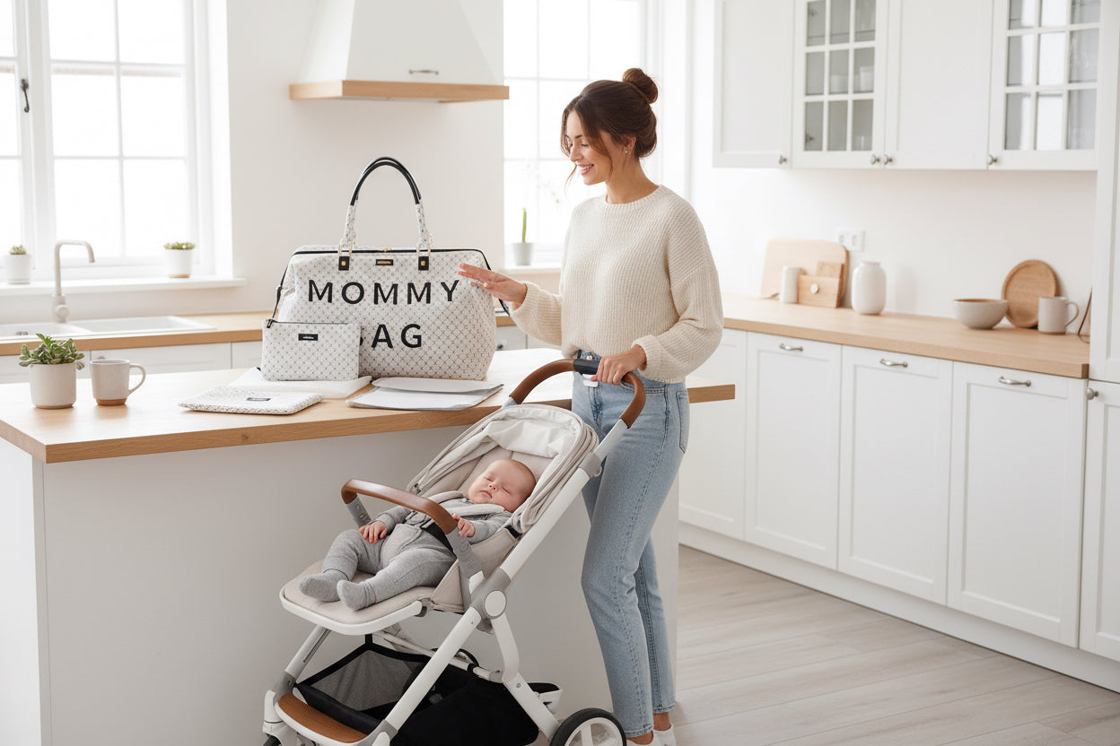 Mom in kitchen patterned  'Mommy Bag' with accessories and baby in stroller