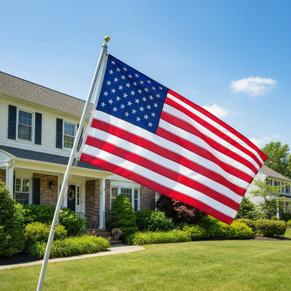 Close-up of an American flag with embroidered stars and sewn stripes outside a home in the background.