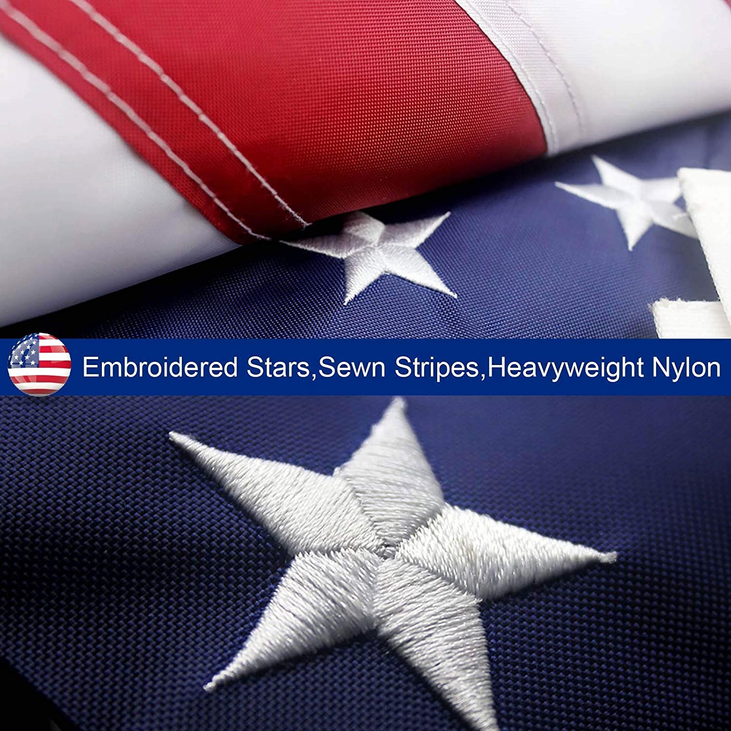 Close-up of an American flag with embroidered stars and sewn stripes, featuring text about material quality.