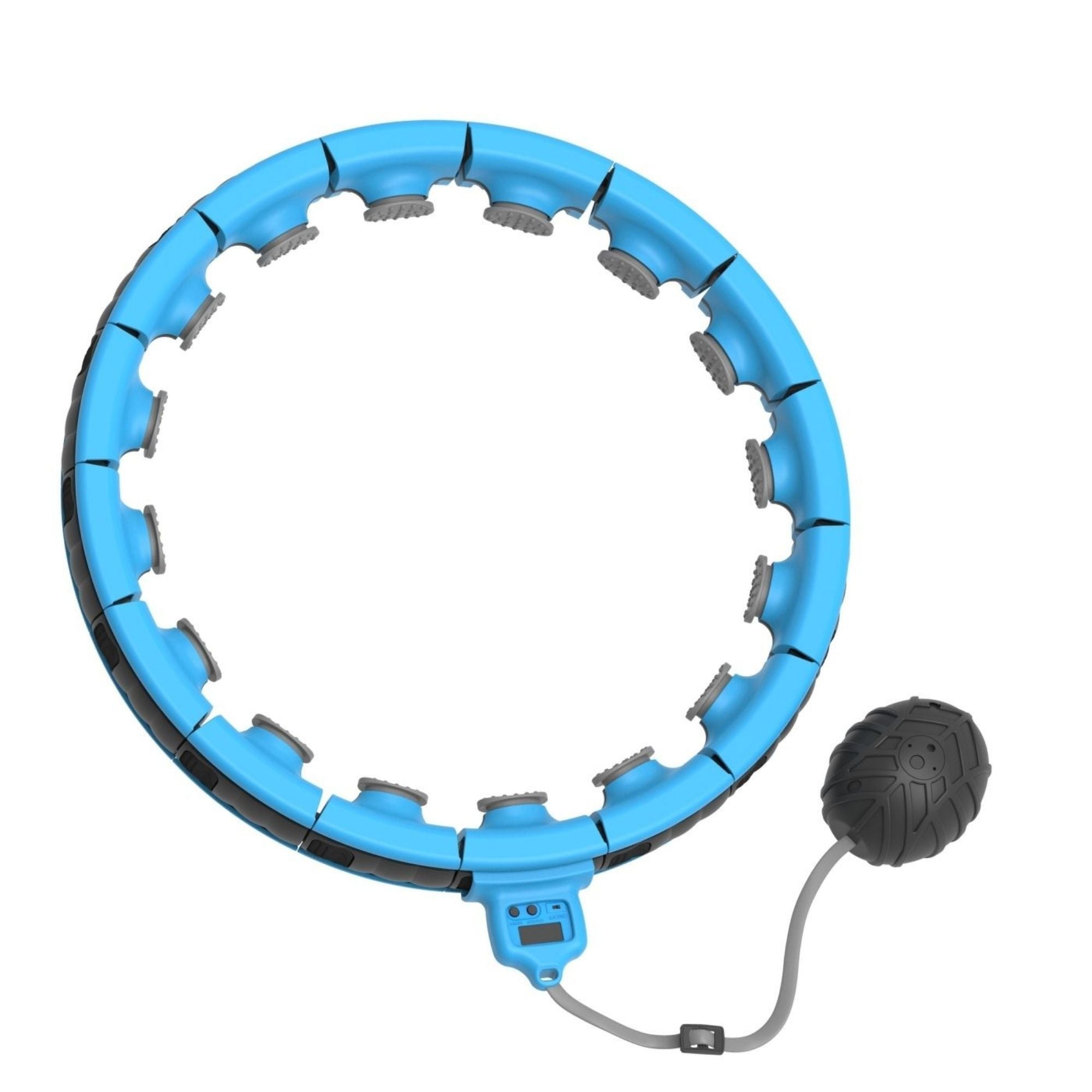 Blue exercise ring with a black ball attached on a white background