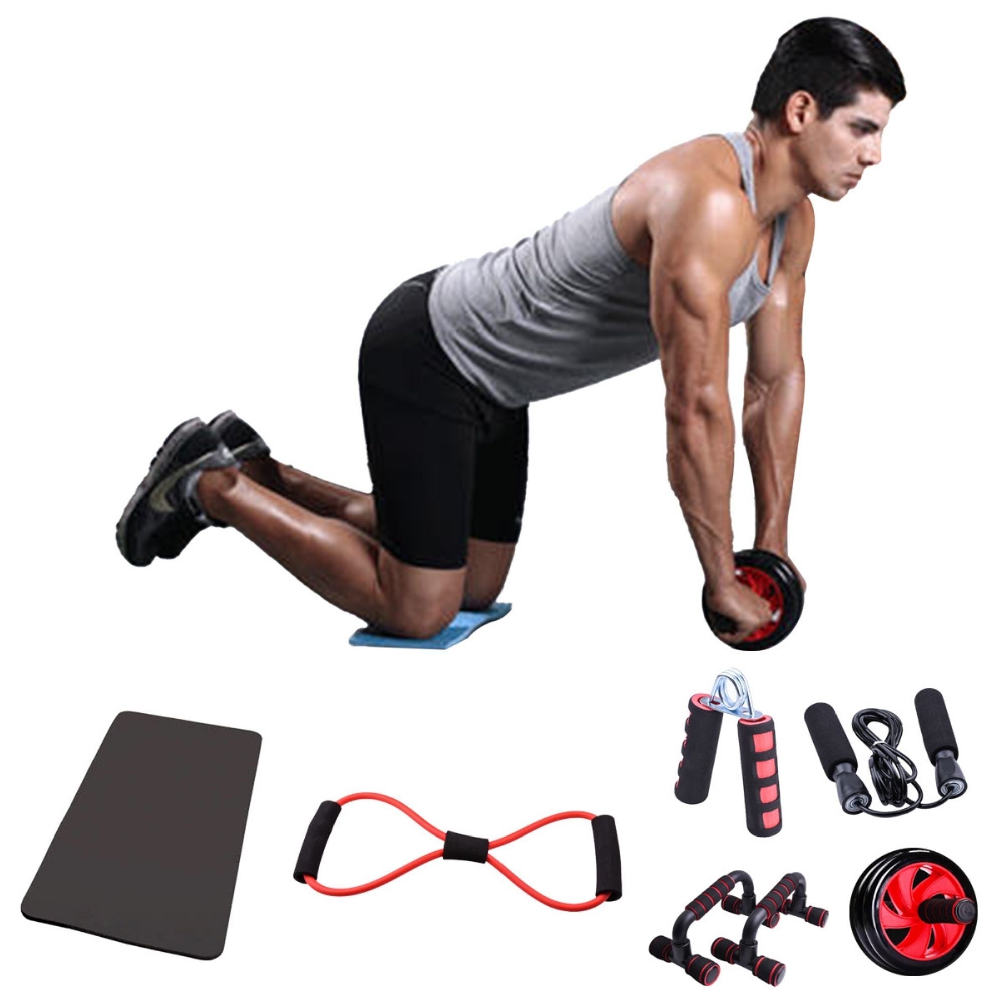 Man exercising with fitness equipment including a mat, resistance bands, and an ab wheel on a white background.