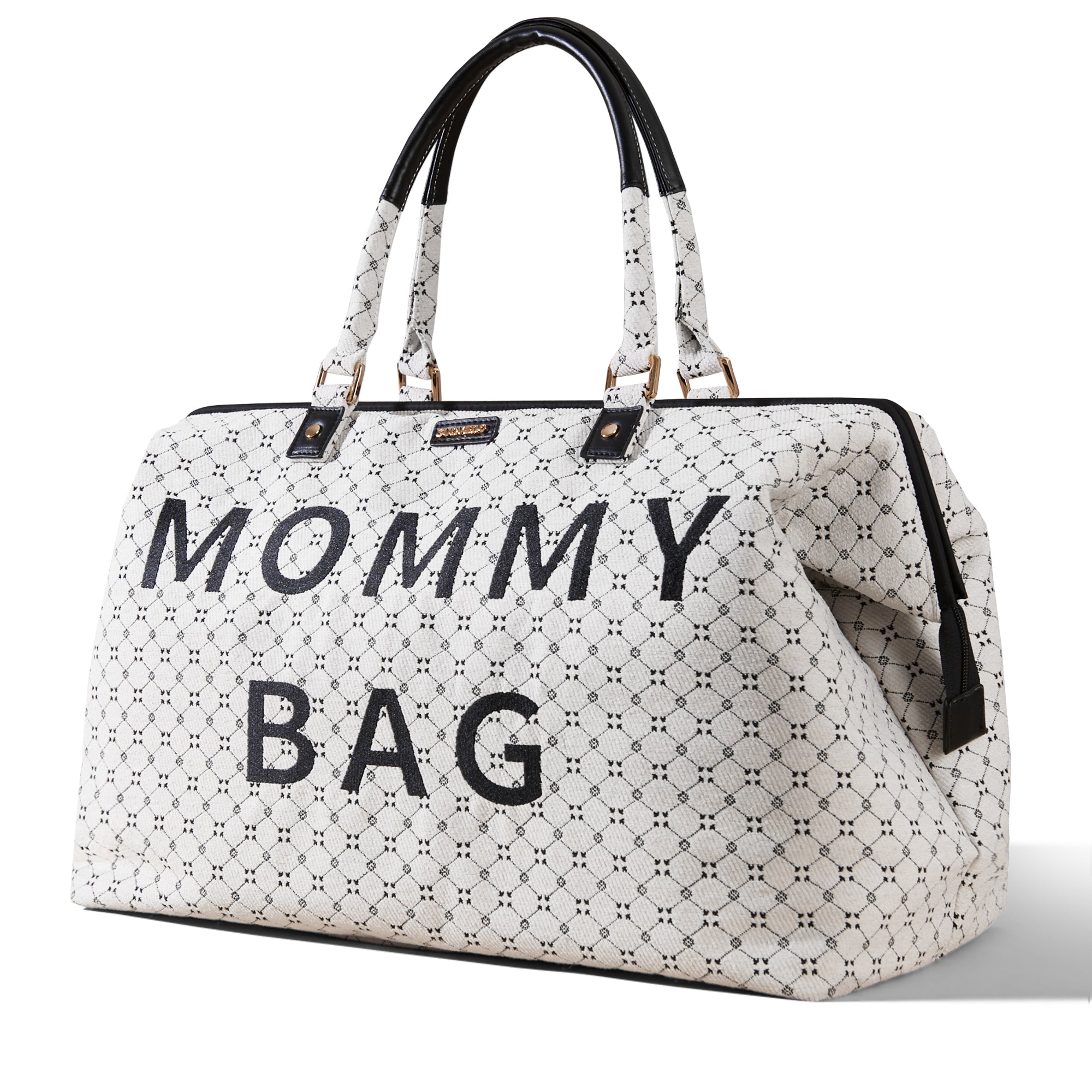 White bag with black pattern and 'Mommy Bag' text on a white background