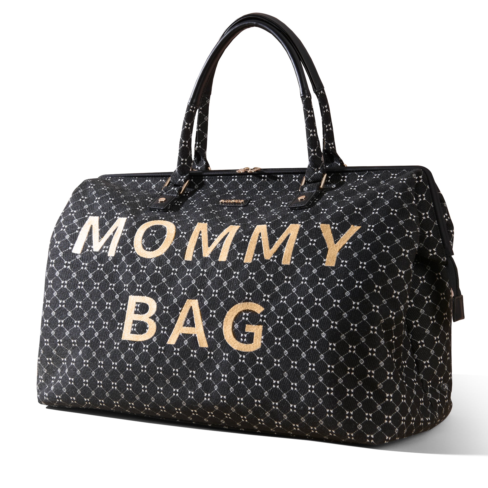 Black patterned bag with 'Mommy Bag' text on a white background
