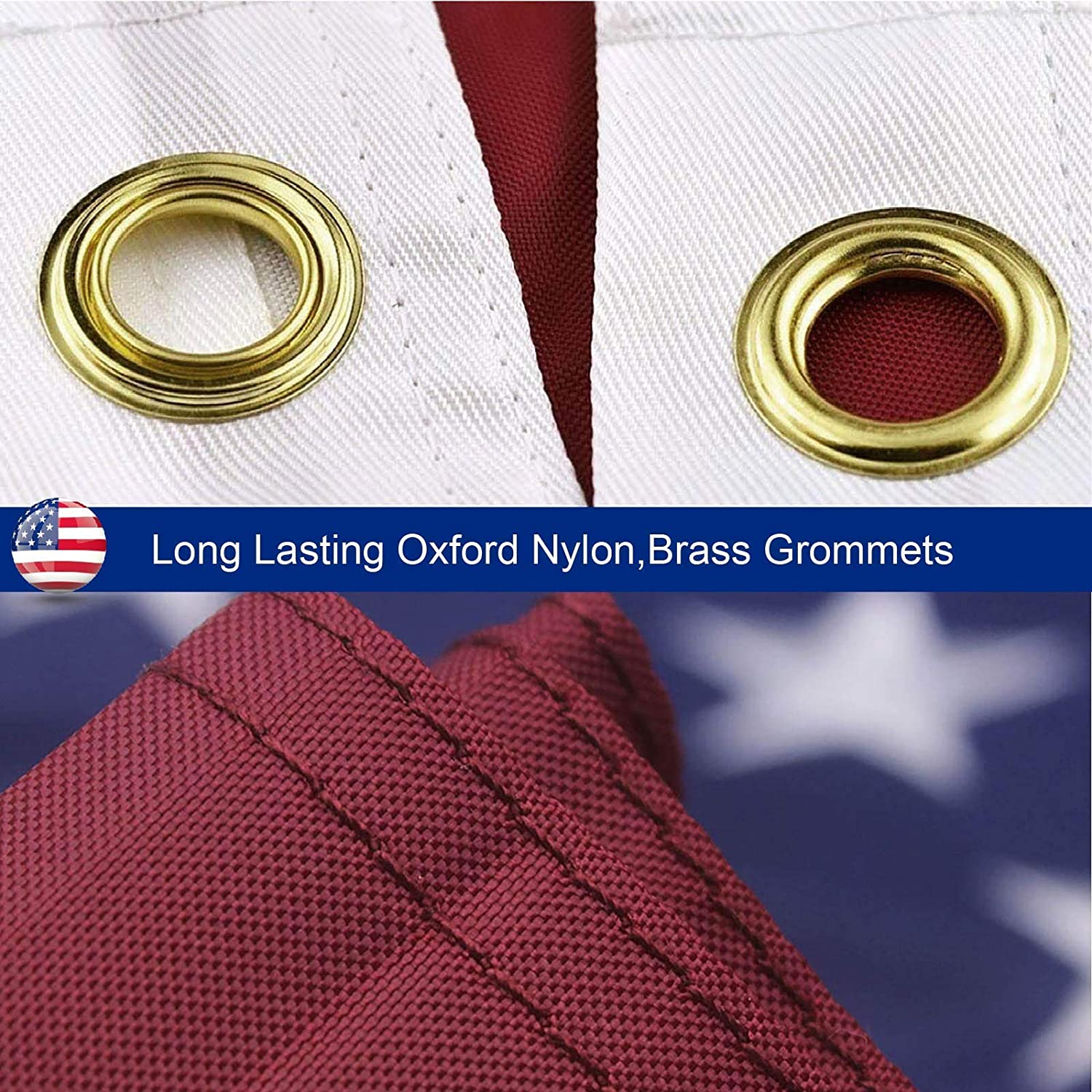 Gold grommets on a fabric background with text 'Long Lasting Oxford Nylon, Brass Grommets'.