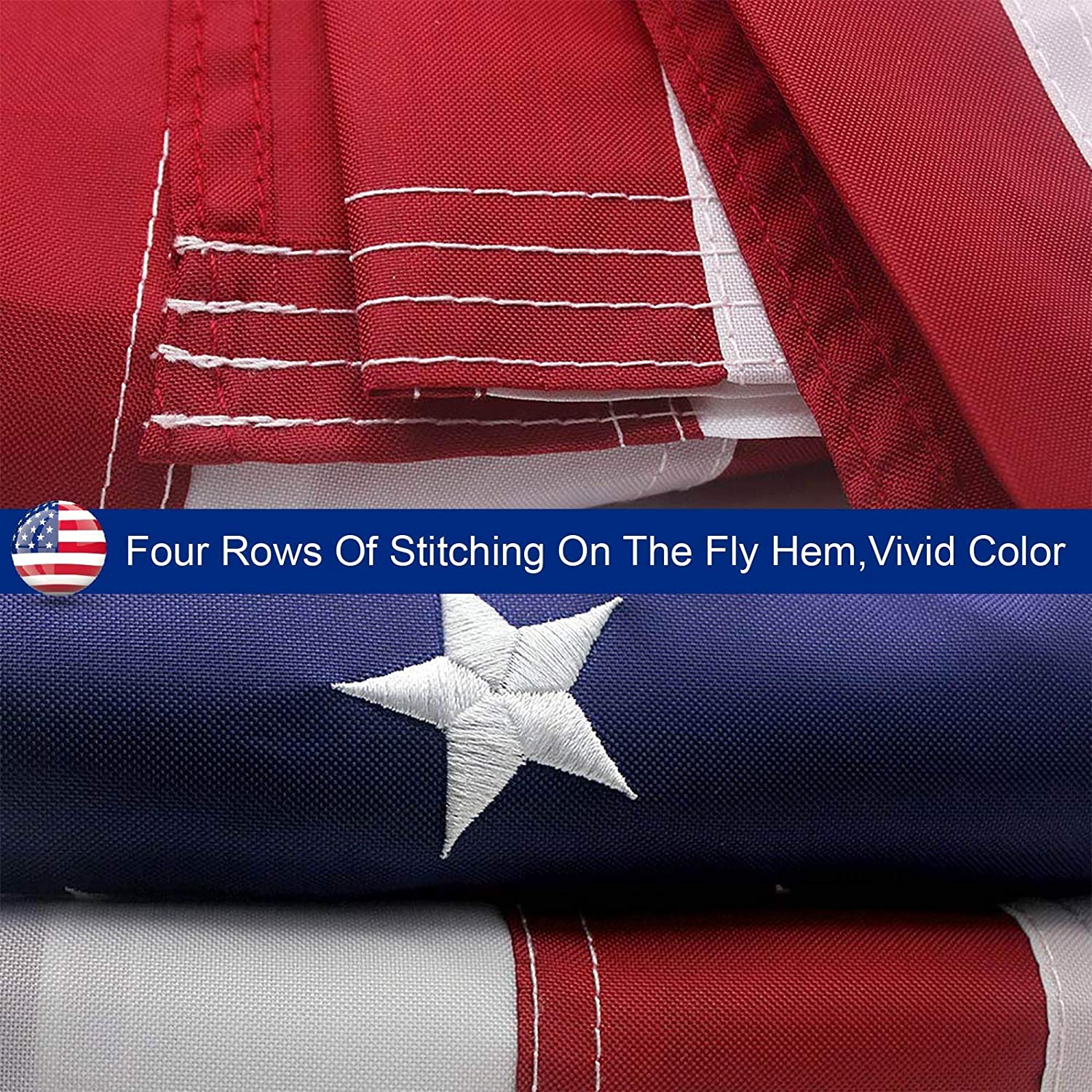 Close-up of a flag with stitching details and an American flag icon.